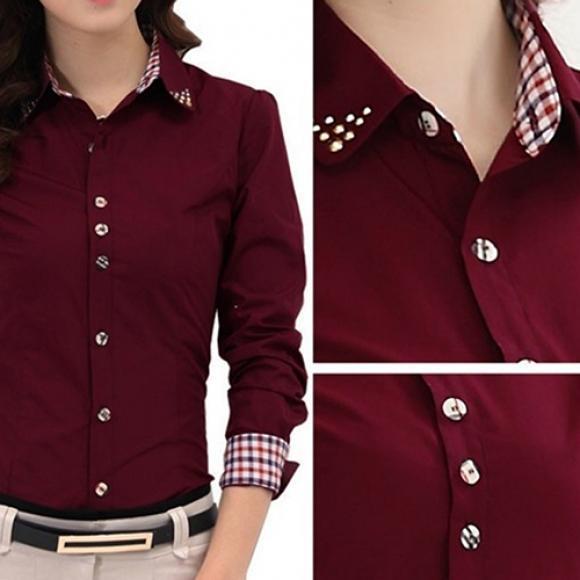 Career Women Formal Revit Office Studded Collar Button Up Blouse Ol Shirt Top