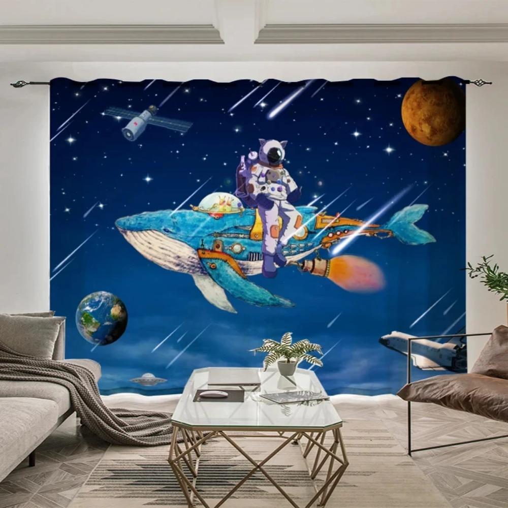 Outer Space Astronaut Style High Blackout Drapes Whale Planet Sci-Fi Indoor Shading Drape Children Bedroom Space Curtain Contemporary Design