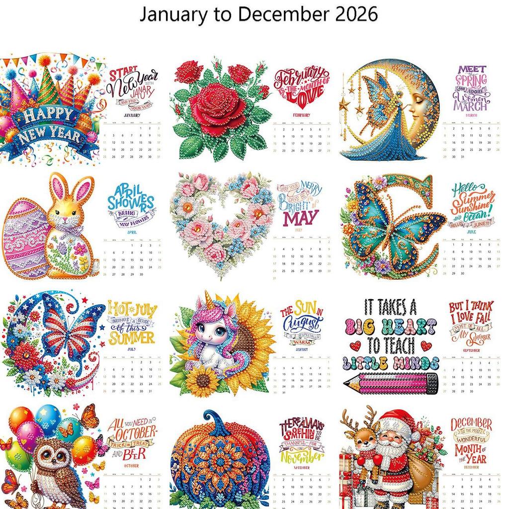 2026 DIY Diamond Painting 13-Page Desk Calendar with Cartoon Designs