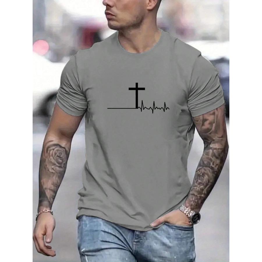 Хлопок Мужская 100% хлопок Летняя Свободная и Удобная Модная Футболка с принтом крест Слим-фит Повседневная Спортивная с круглым вырезом и коротким рукавом Топ