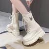 Fashion 9.5CM Women Autumn Mid-calf Boots Heels High Platform Motorcycle Boots Leather Chunky Shoes Woman Thick Bottom Short Punk Boots
