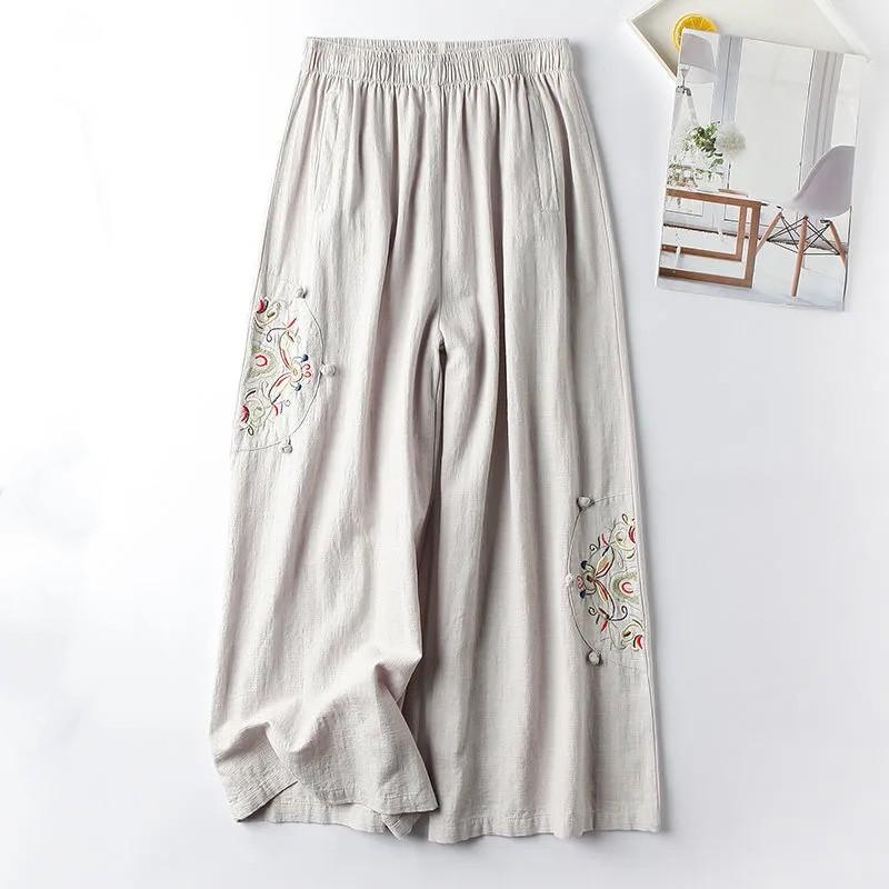 Women's Summer Cotton Linen Thin Section Casual Pants Ethnic Style Embroidery Nine-minute Wide-legged Pants
