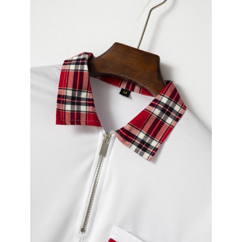 Летняя рубашка поло в клетку с карманом на молнии для мужчин, спортивные рубашки поло