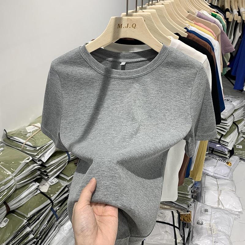 European Threaded Short-sleeved T-shirt for Women Spring and Summer New Round Neck Slimming Bottoming T-shirt Small Shirt Solid Color Versatile Top