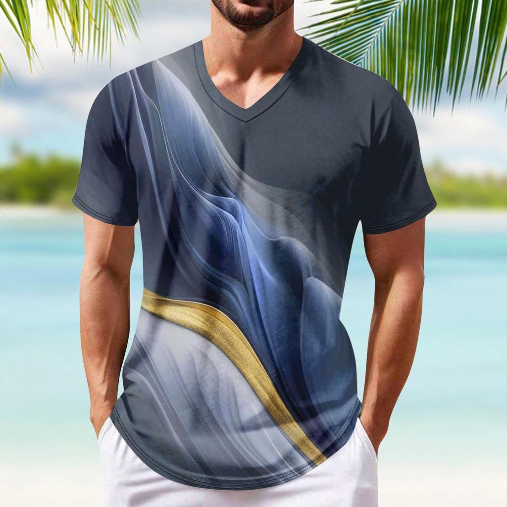 Летняя мужская популярная футболка с v-образным вырезом и короткими рукавами с принтом