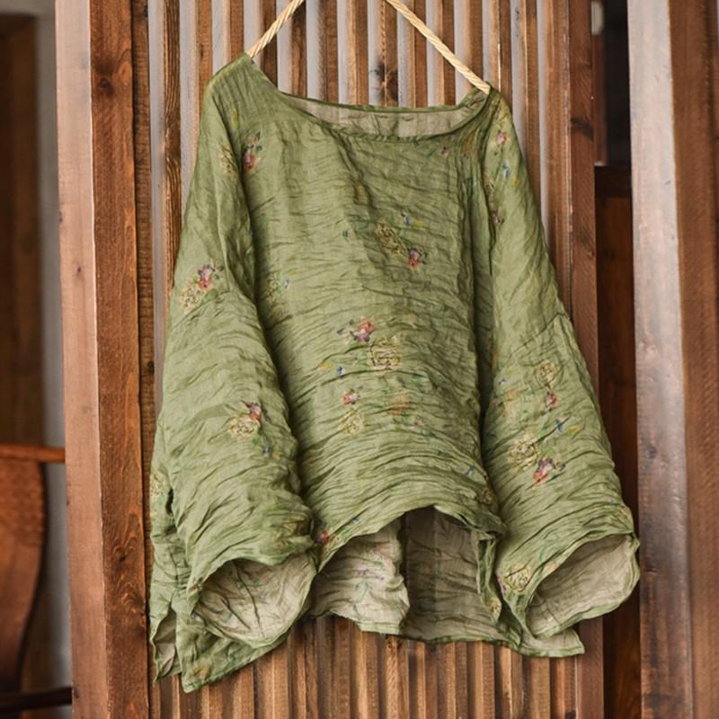 Johnature Women Vintage Print Floral T-Shirts O-Neck Long Sleeve Spring Loose Women Chinese Style T-Shirts