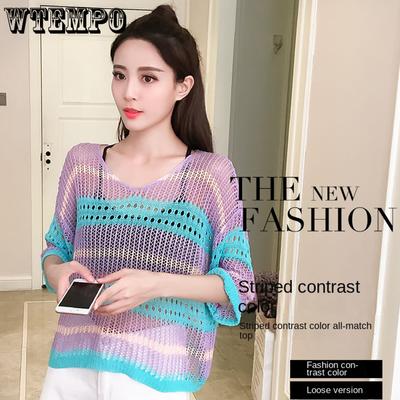 Летний вязаный кардиган, женские тонкие футболки с вырезами, свободные трикотажные жилеты с v-образным вырезом и короткими рукавами, короткие топы