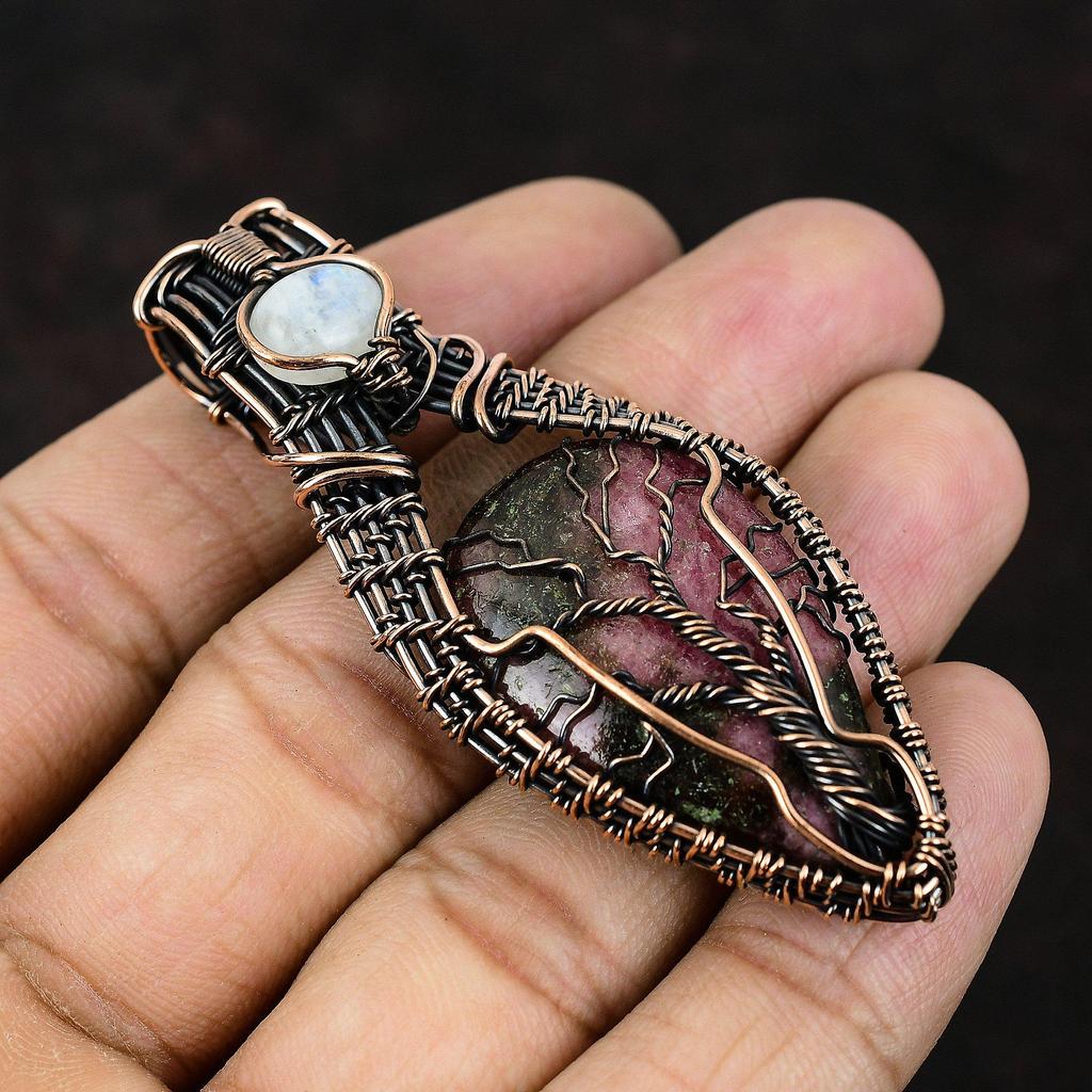 Дерево жизни родонит медный кулон драгоценный камень проволочная обертка кулон радуга лунный камень ювелирные изделия ручной работы кулон дизайнерские ювелирные изделия подарок для нее