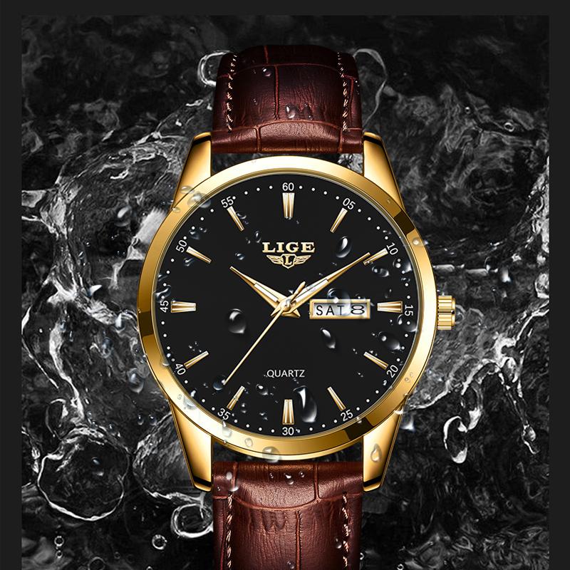 LIGE Лучший бренд, мужские кожаные деловые часы с датой, водонепроницаемые светящиеся часы, мужские роскошные спортивные водонепроницаемые кварцевые наручные часы