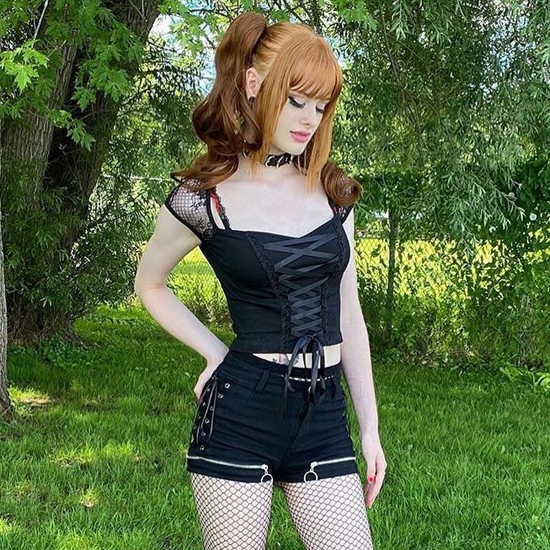 Винтажные топы, готическая футболка, женская облегающая повязка, кружевные черные футболки, готическая уличная одежда, сексуальный женский топ, повседневная сетчатая футболка