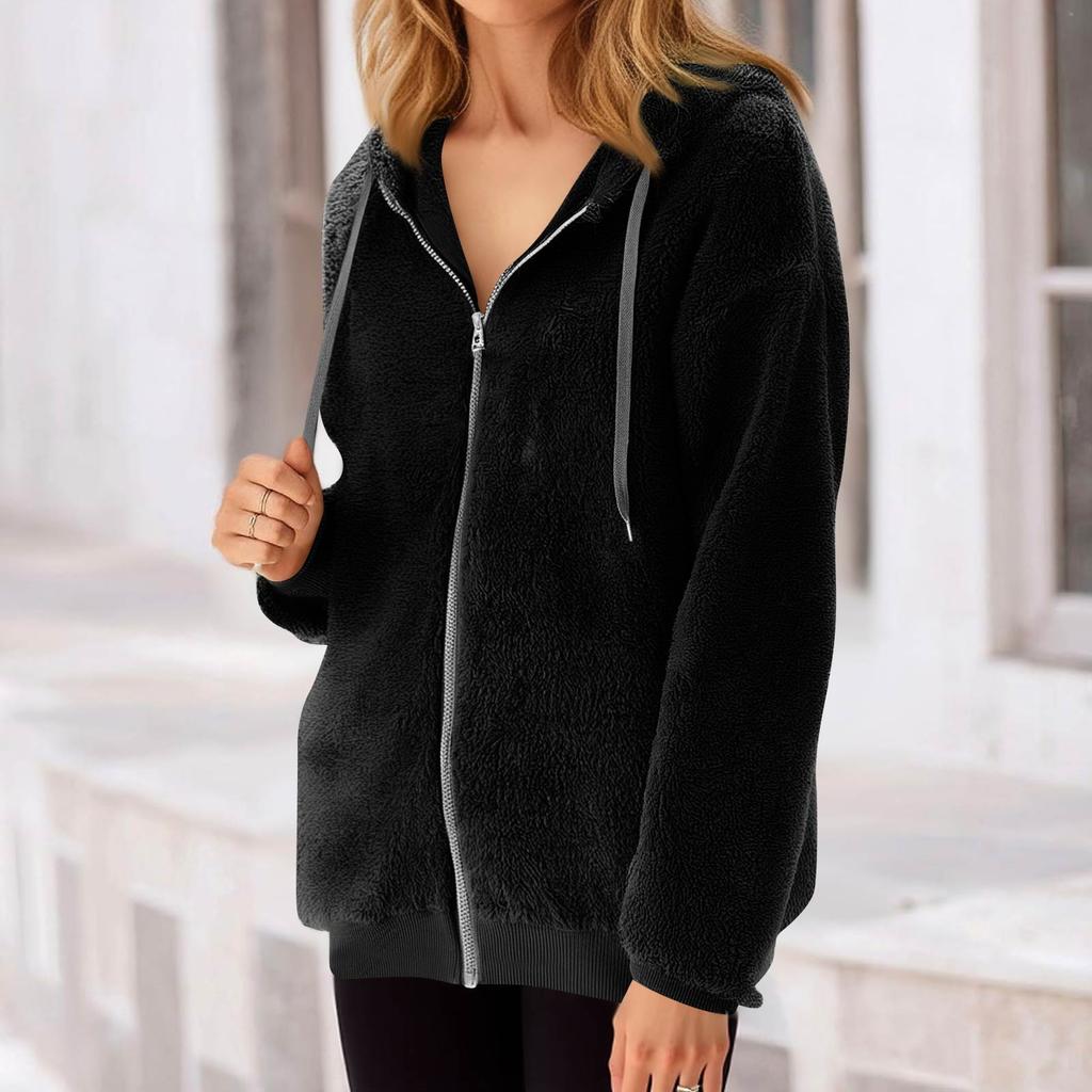 Women's Fashionable Warm Fleece Solid Color Hoodie Zipper Pocket Casual Jacket