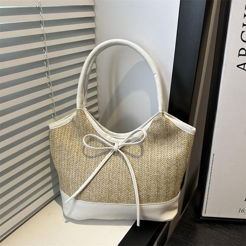 Elegant Straw Shoulder Bag Bow Tie Women's Handbag Trendy Weaving Tote Bag Lady