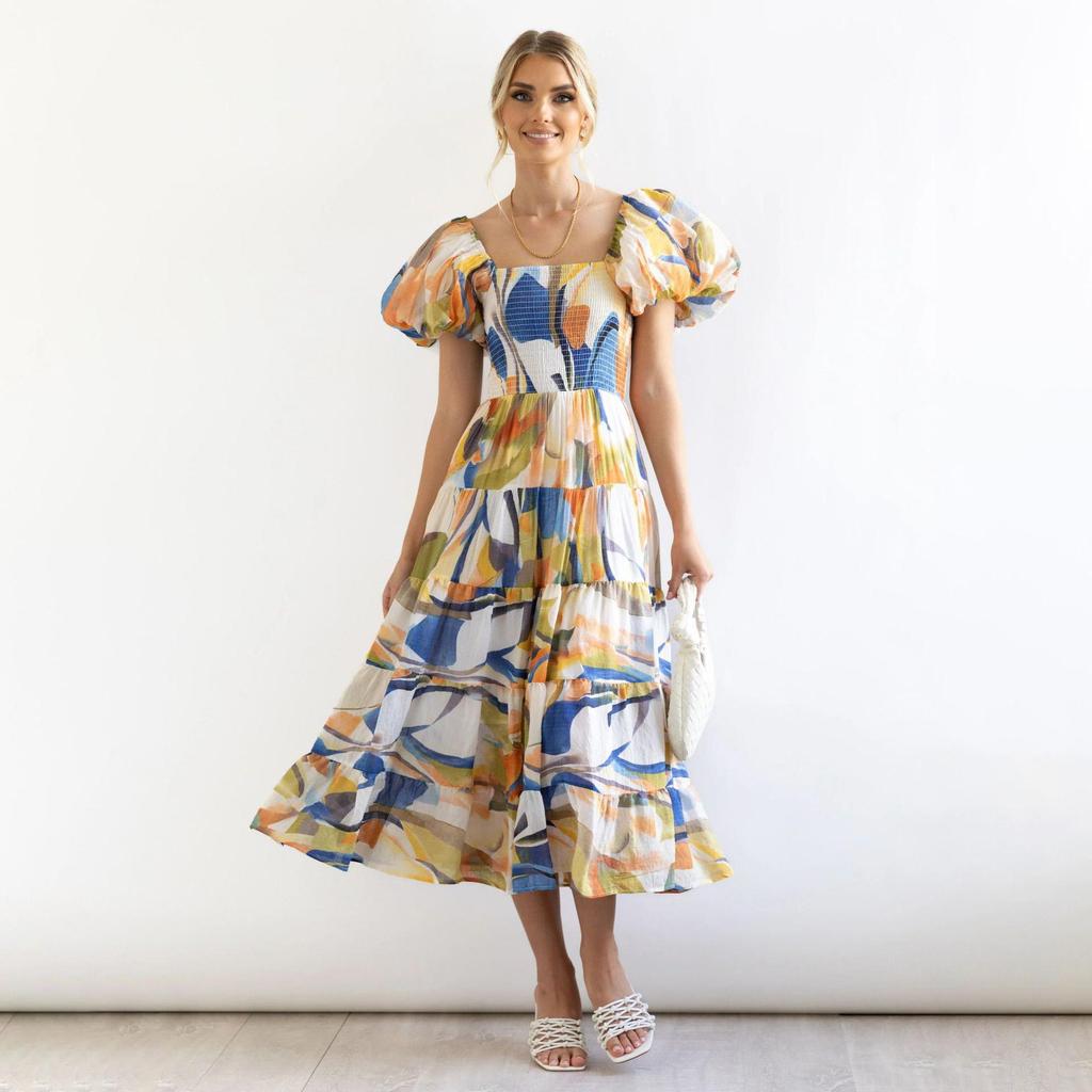 Летнее женское модное плиссированное платье без бретелек длиной до щиколотки с коротким рукавом и принтом