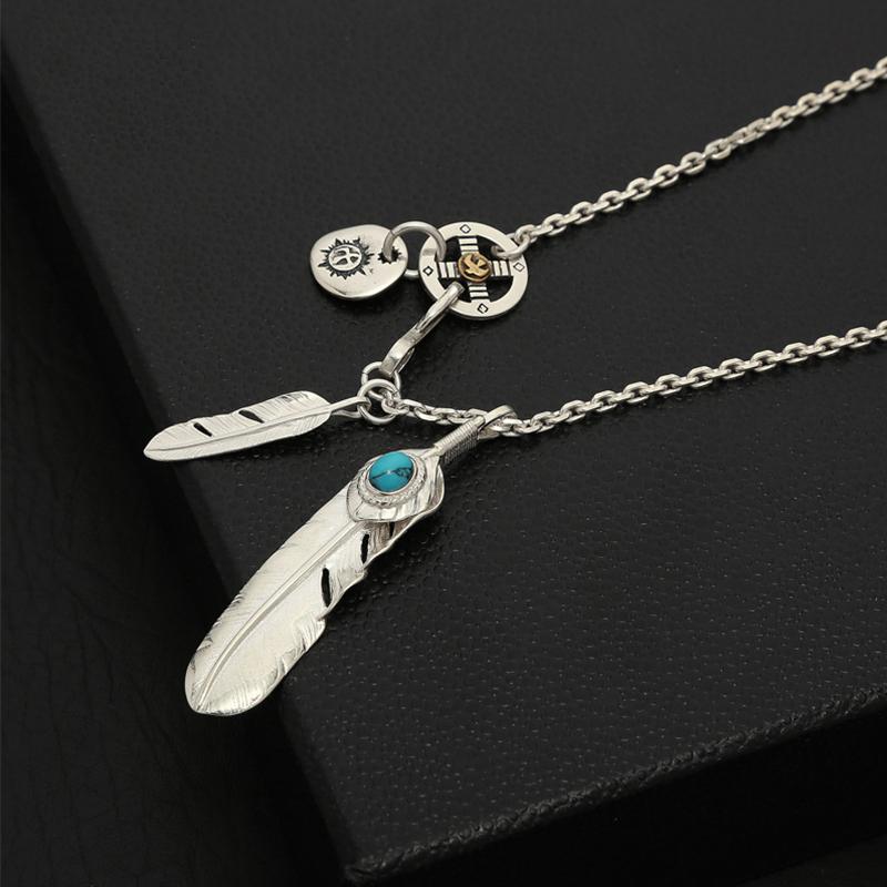 S925 Sterling Silver Jewelry Thai Silver Takahashi Goro Classic Feather Inlaid Turquoise Sweater Pendant