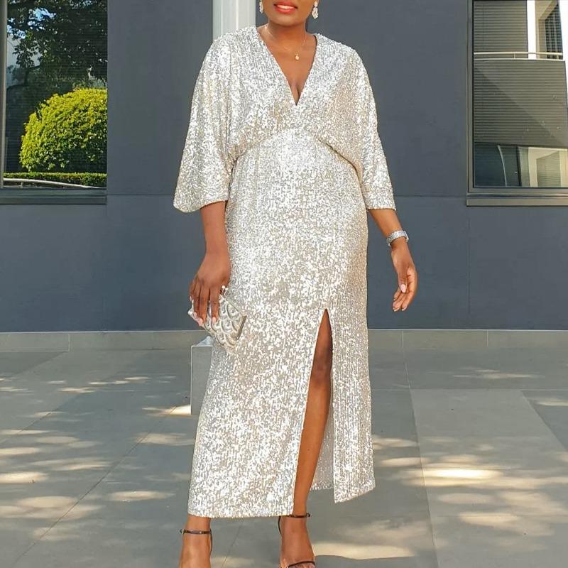 Женское свободное платье с V-образным вырезом и разрезом из пайеток, размер плюс