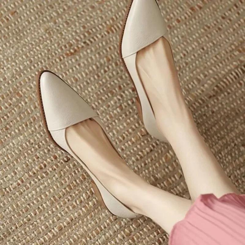 Женская обувь 2024 года, новые женские туфли-лодочки One Kick, осенние туфли с острым носком, однотонные, для улицы, повседневные, на толстом каблуке, для офиса, женские туфли