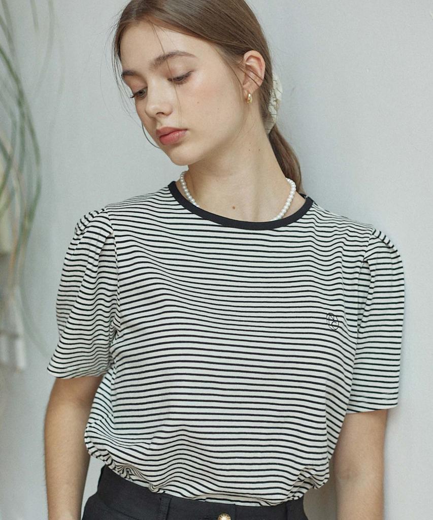 NONLOCAL Stripe Puff Sleeve T-Shirt - Cream Stripe