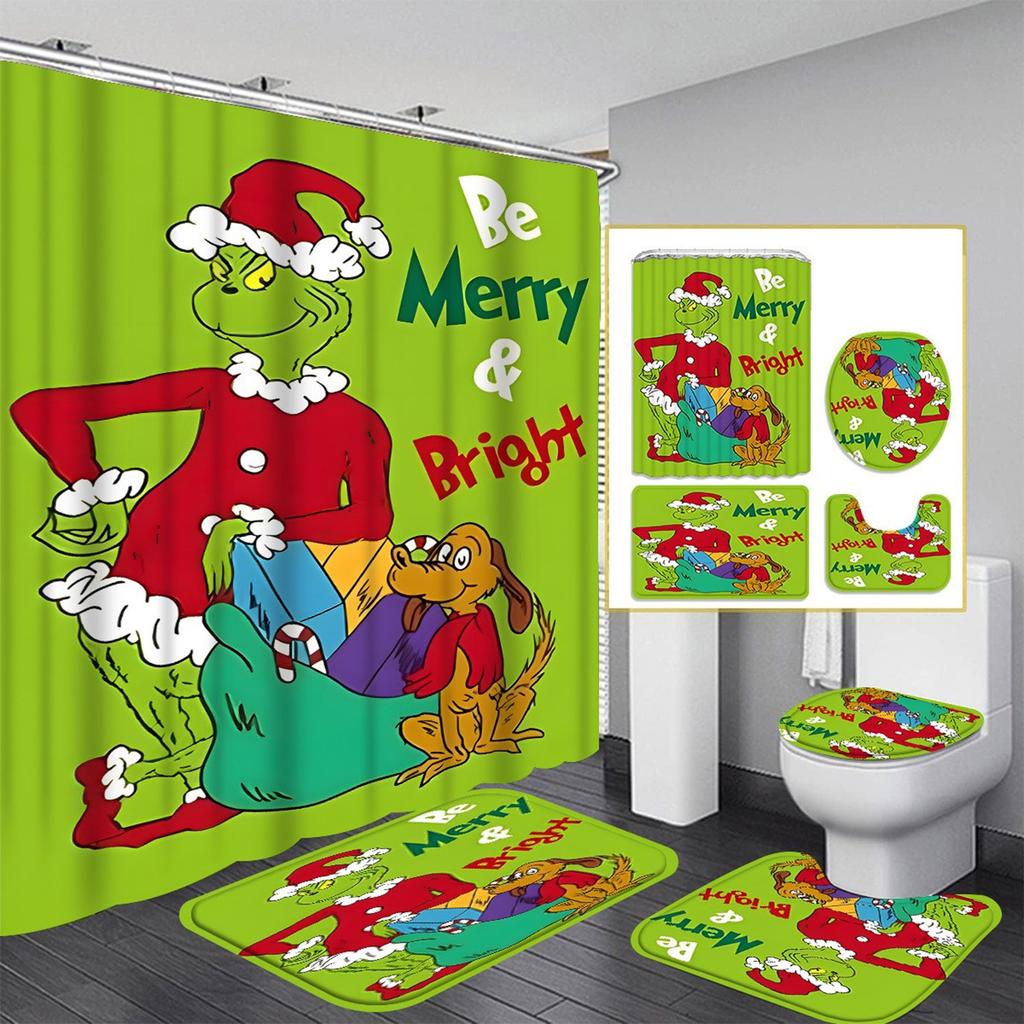 Рождественский узор с зелеными волосами Набор из четырех предметов для занавески для душа с 12 крючками Полиэстеровая водонепроницаемая занавеска для душа.