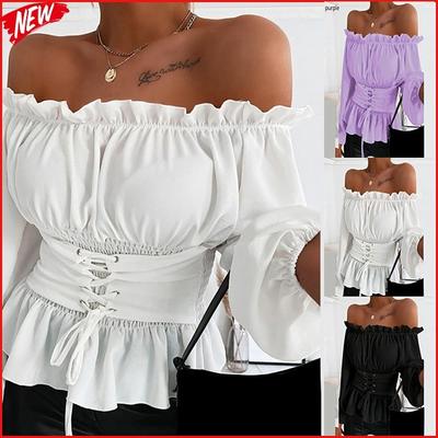 Новая Мода Женская Весенняя Рубашка С Рюшами Кружевной Воротник Вырез Талия Ремешок Шифоновая Блузка С Открытыми Плечами Длинный Пышный Рукав Сладкие Топы Большого Размера