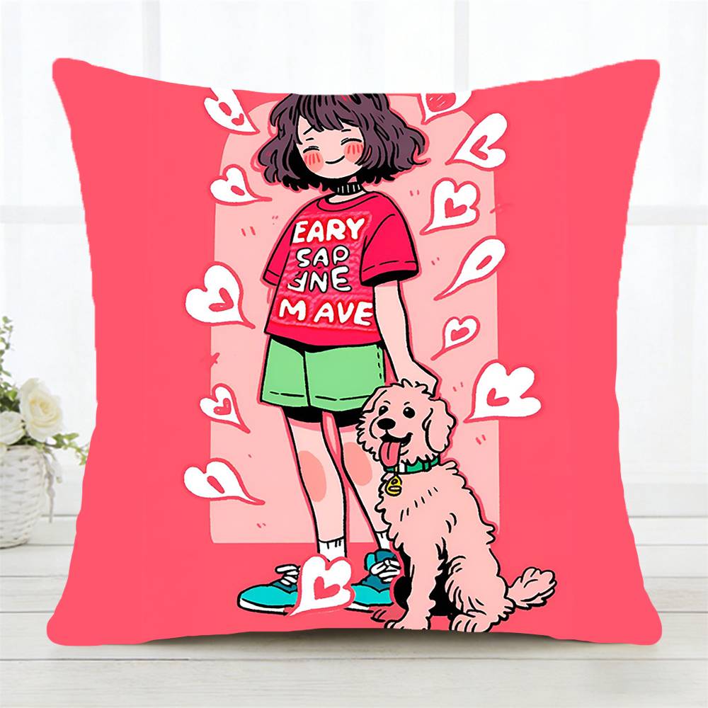 Cartoon Girl Pillow Case Fashion Square Pillowcase Bedroom Sofa Room Ins Decoration Leisure