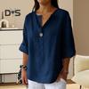 Женская рубашка с V-образным вырезом, декором на пуговицах, рукавом 3/4, свободный крой, базовый вырез, однотонная летняя рубашка
