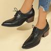 Women's Coarse Heel Shoes Spring New Pointy Front Lacing Splicing Leather Anti-slip Wear-resistant Low-top Shoes