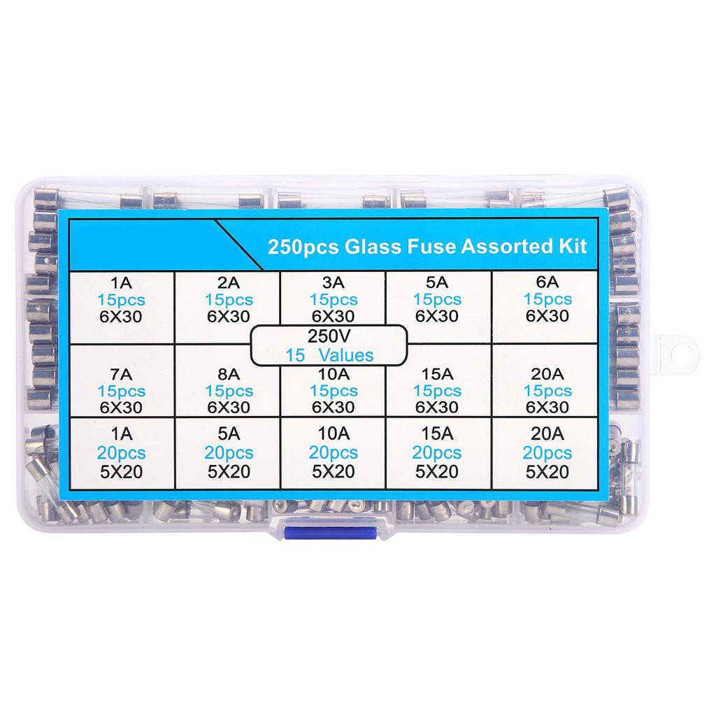 250 шт. Стеклянный предохранитель 6x305x20 мм Изоляция Термостойкость Огнестойкость Набор предохранителей
