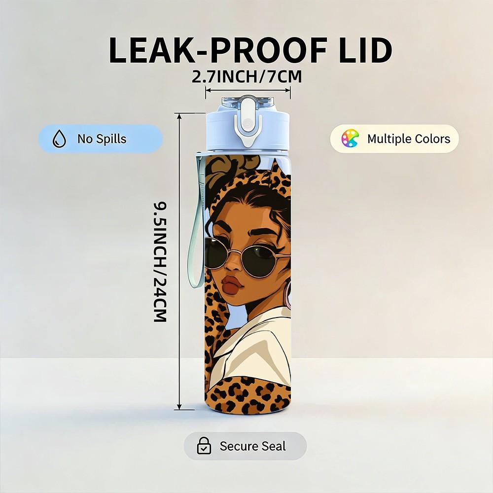 1PC Girl Leopard Hair Fashion Print 750ml Color Plastic Sports Water Bottle Leakproof Flip Straw Lid Suitable for Sports Office Home Use