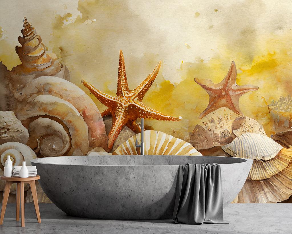Обои с нарисованными ракушками и морскими звездами