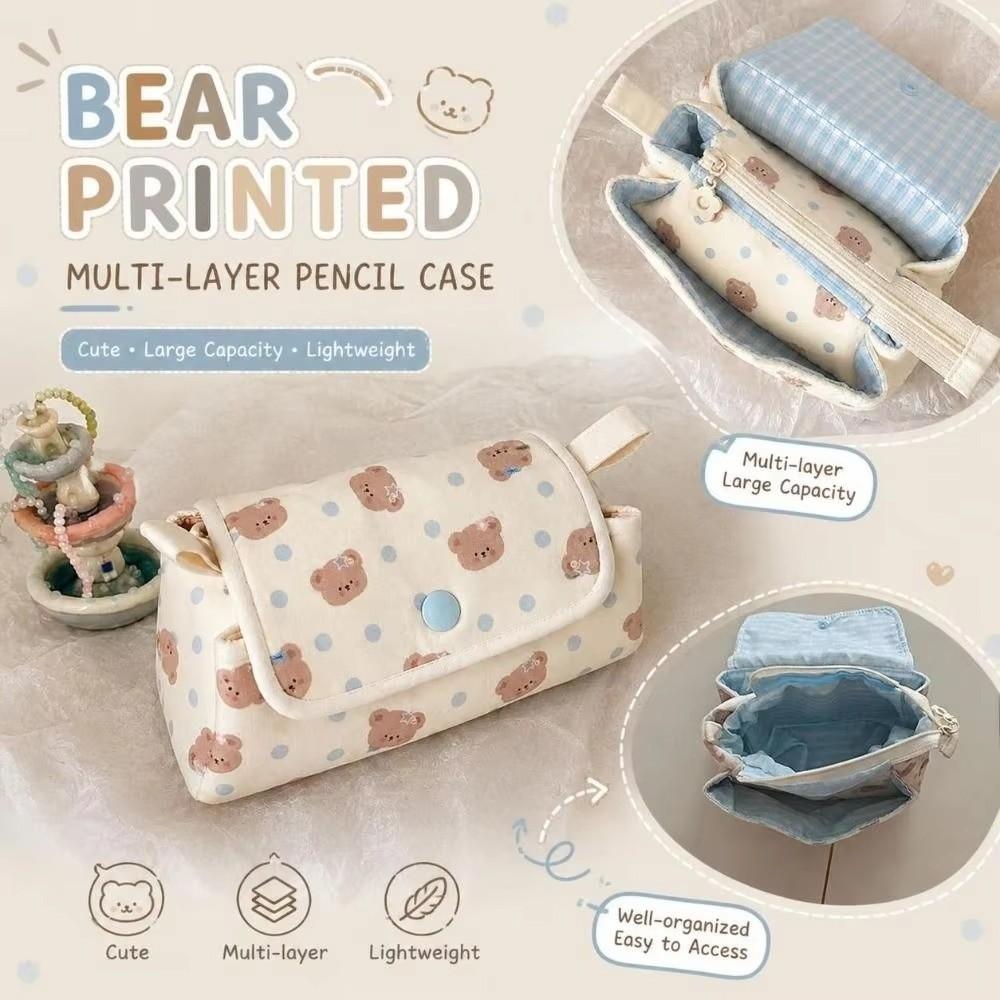 Multi-Layer Pencil Pouch Bear Printed Stationery Bag Pen Bag Students Supplies