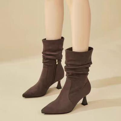 Модные ботильоны-стилетто до середины голени, новинка осени, с острым носком, замшевые, на боковой молнии, противоскользящий износостойкий каблук, одинарные ботинки