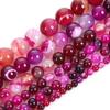 Hot Pink Stripes Agates Stone Natural Round Beads 15"Strand Smooth Loose Spacer Beads 4/6/8/10/12mm for Jewelry Making DIY Bracelets Accessories