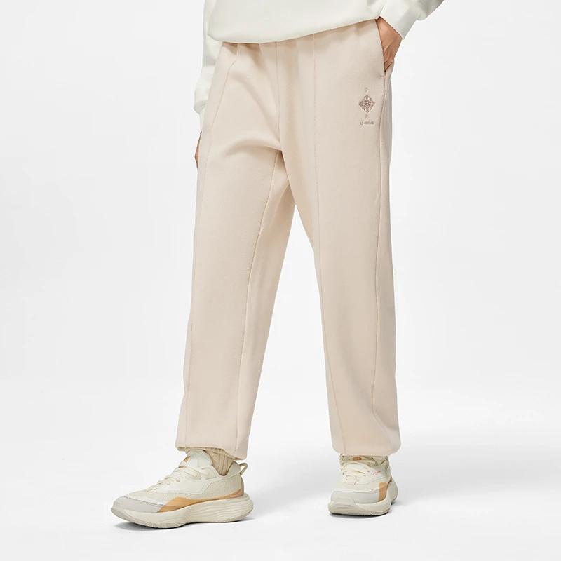 Штаны женские спортивные Li Ning Sports Lifestyle Series, однотонные, средней талии, с манжетами, из флиса, с низом цвета хаки AKLT908-5