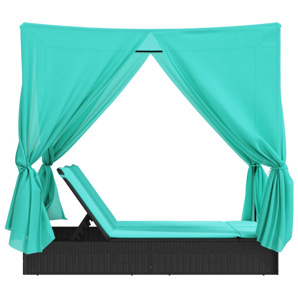 Double Sun Lounger with Canopy and Curtains Black Poly Rattan