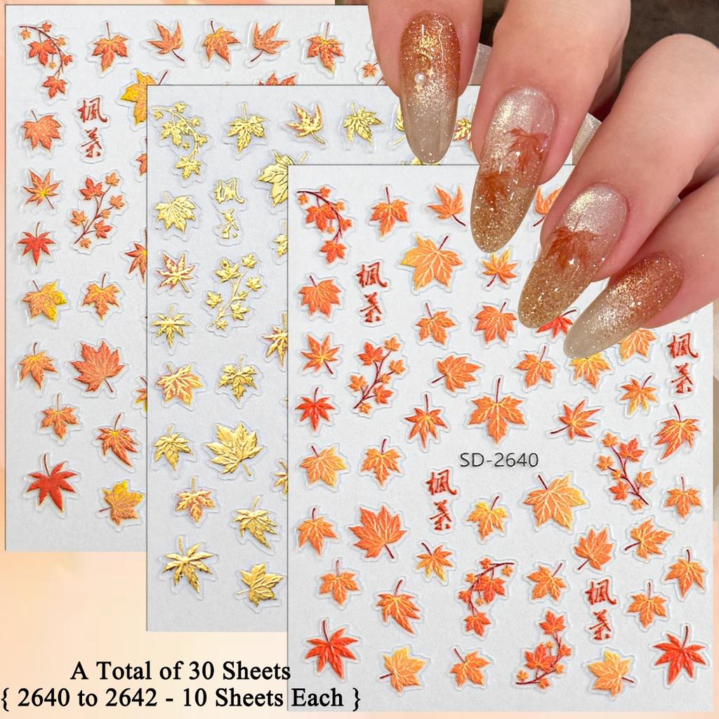 3 to 30 Sheets Autumn Maple Leaves Nail Stickers 5D Embossed Gold Foil Fall Leaf for Nails, Self-Adhesive DIY Manicure Art