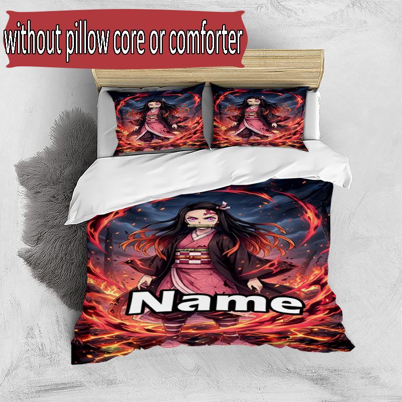 3pcs Duvet Cover Set (1*Duvet Cover + 2*Pillowcase, Without Core), Custom Name Demon Slayer Pattern Bedding Set, Home Bedroom Decor Gift