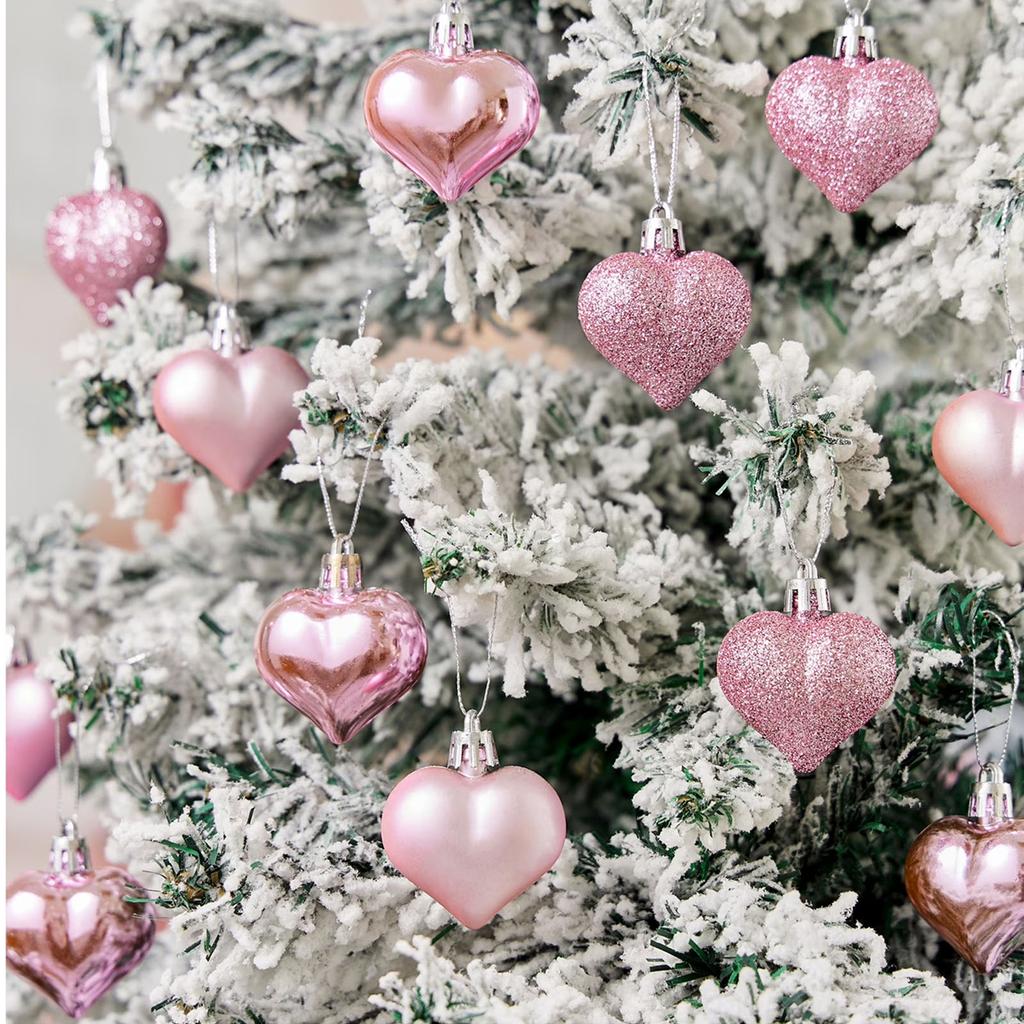 12Pcs Heart Ornaments Multi Finish Heart Baubles Hanging Ornaments For Christmas Tree Valentine’s Day Decor Party Decoration