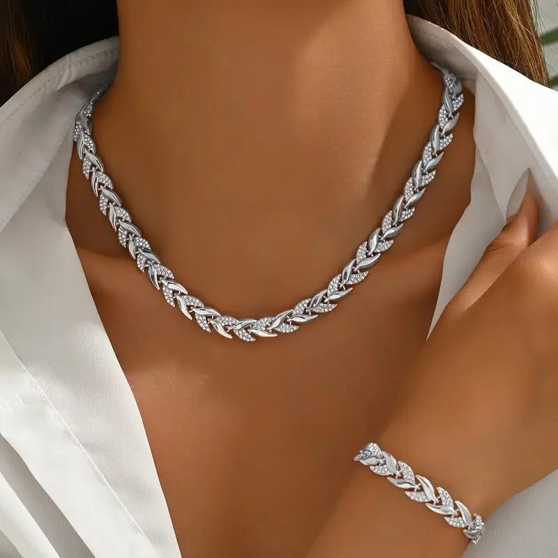 European and American style diamond-embellished wheat ear chain set Necklace and bracelet two-piece set, light luxury hip-hop style women's
