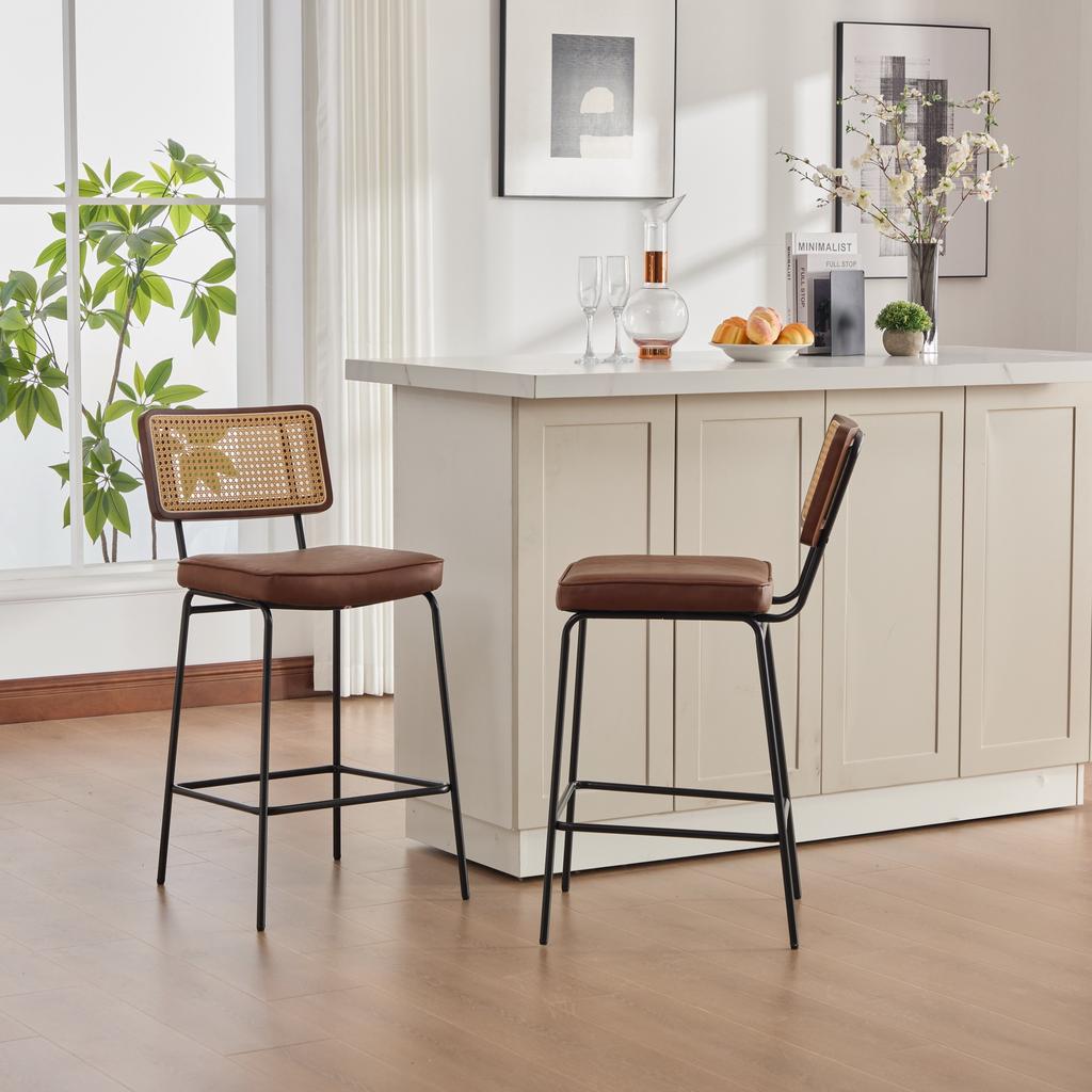 Bar Stool in High-Gloss, 2 Chairs per Pack, PU Leather Upholstery in Vintage Style, without Armrests, Backrest with Wooden Frame, Metal Legs.Brown