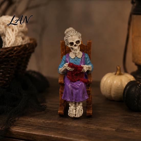 Artistic Skeleton Figurine Set Halloween Figurine, Resin Sitting on Rocking Chair Statue, Drinking Lifelike Statue Coffee Crocheting Reading Tabletop