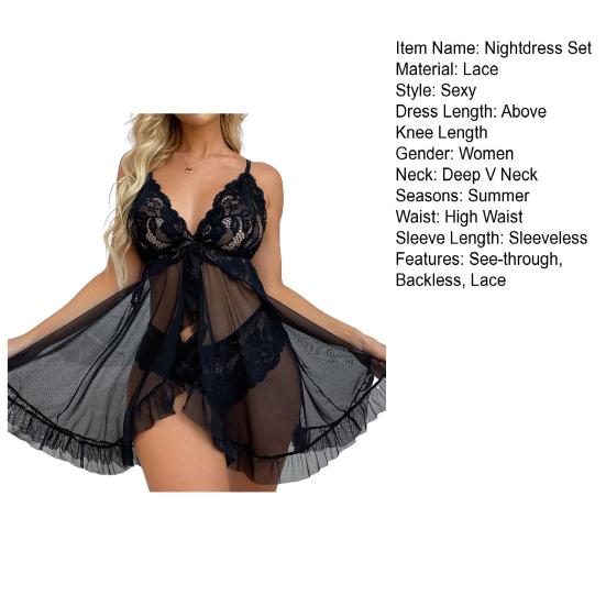 2 Pcs/Set Nightdress Panties Set Hollow Out Lace V Neck Spaghetti Strap See-through Mesh Ruffle Bow High Waist Underpants Set