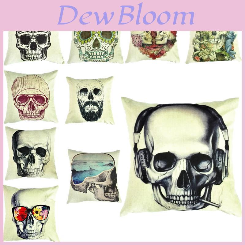 Skeleton Head Throw Pillow Cover With Linen Fabric For Home Decor And Living Room