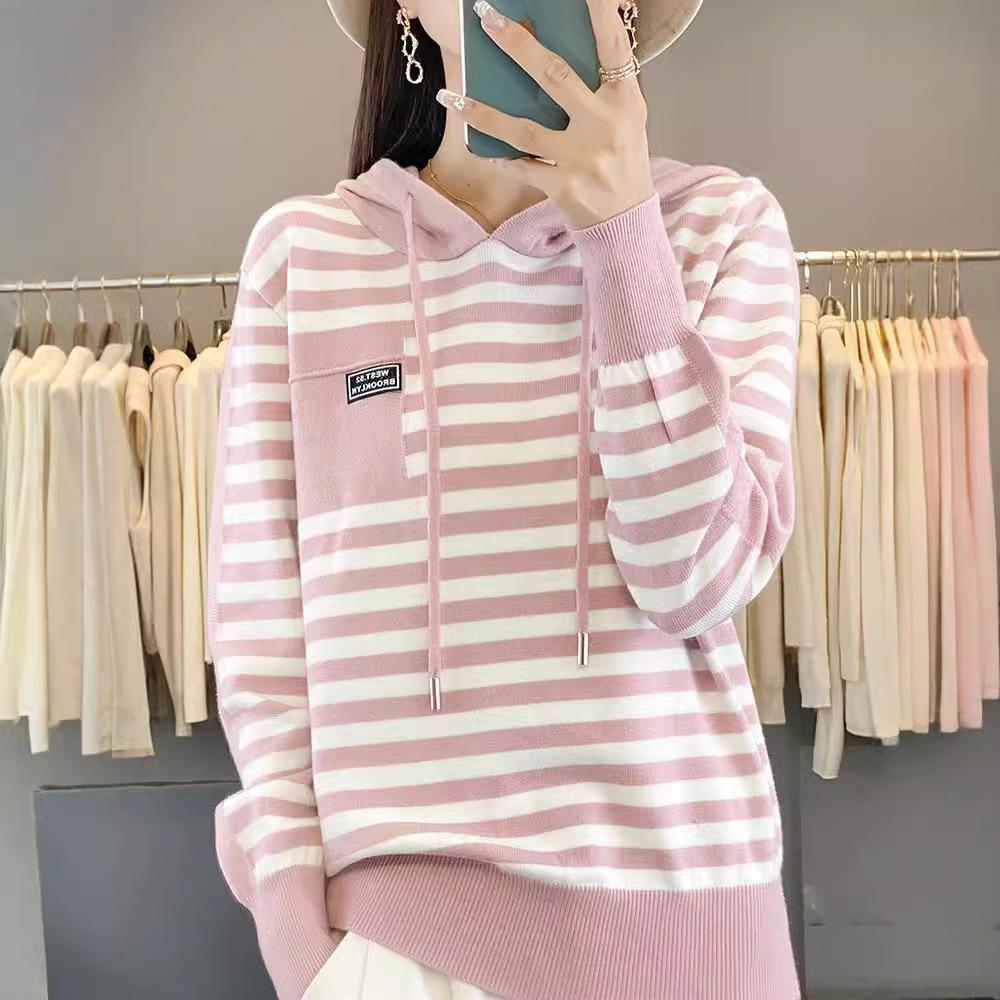 Модный худи с капюшоном Осень Женский Полосатый Colorblocking Повседневный Вязаный топ с капюшоном