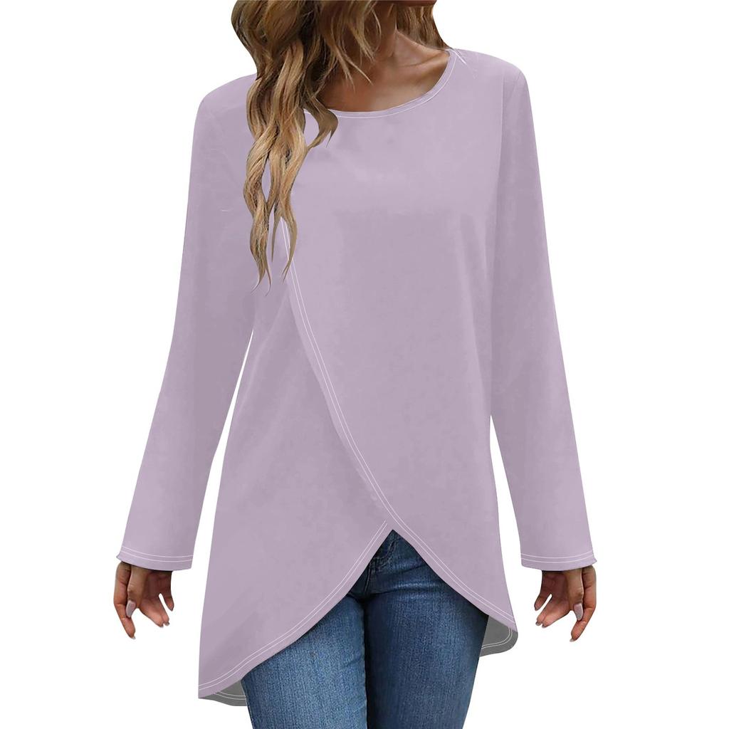 Женская модная повседневная однотонная футболка с длинным рукавом и круглым вырезом с перекрестным подолом, топ