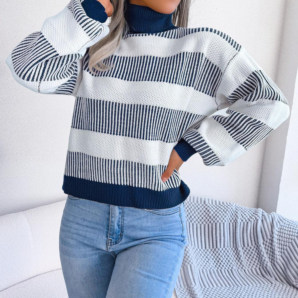GMXIA Женская мода, повседневный осенне-зимний свободный свитер с длинными рукавами и высоким воротом в уличном стиле, полосатый свитер с рукавами-фонариками