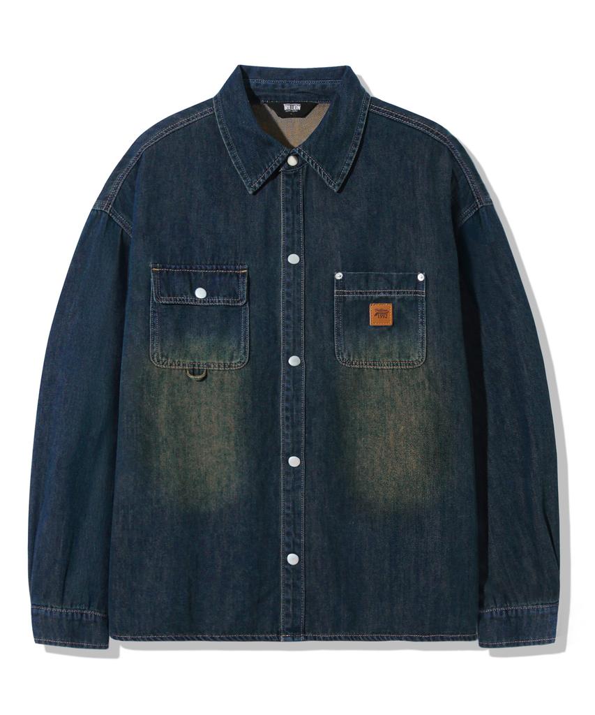 TRILLION Leather Patch Oversized Work Denim Long Sleeve Shirt_Vintage Blue