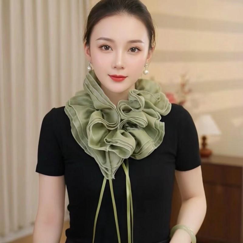 Womens Layered Chiffon Scarf With Ruffled Edge Elegant Neck Wrap