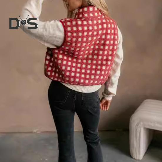 Women Vest Jacket Stand-up Collar Contrast Color Sleeveless Checked Pattern Cardigan Waistcoat Zipper Closure Daily Outdoor Outerwear