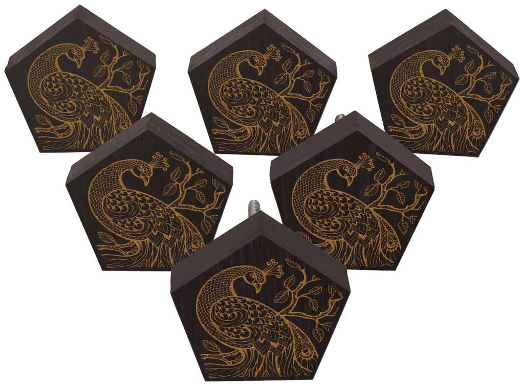 IBA Indianbeautifulart Brown Engraved Knobs 10 Pc Furniture Wooden Scallop Knobs Rustic Drawer