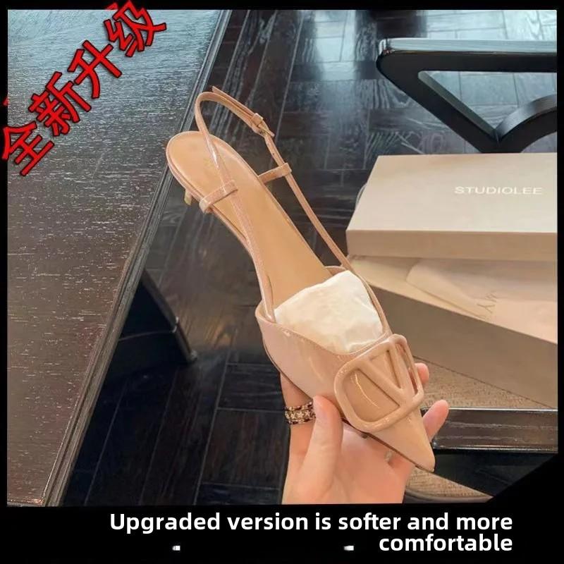 Новые летние туфли на высоком каблуке во французском стиле 42 Fine Track Pointed V Buckle Strap Sandals Black Women Shoes